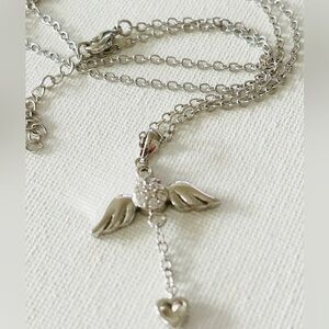 Angel wings CZ crystals pendant necklace, rhodium plated necklace choker